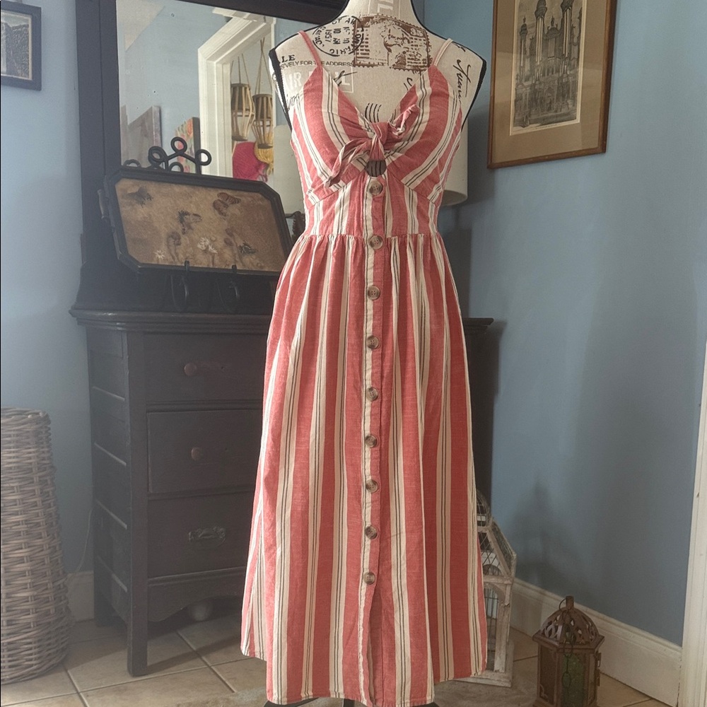Japna Coral Red Creamy White Striped Tie-Front Button Up Spaghetti Strap Dress - Picture 2 of 12